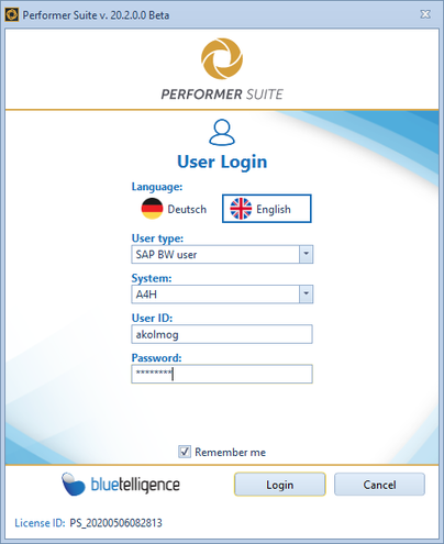 Performer Suite Login with SAP BW user selected as user type and a SAP system dropdown
