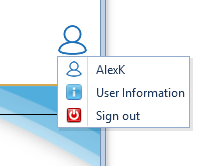 User icon and dropdown with the logged in user, user info and sign out