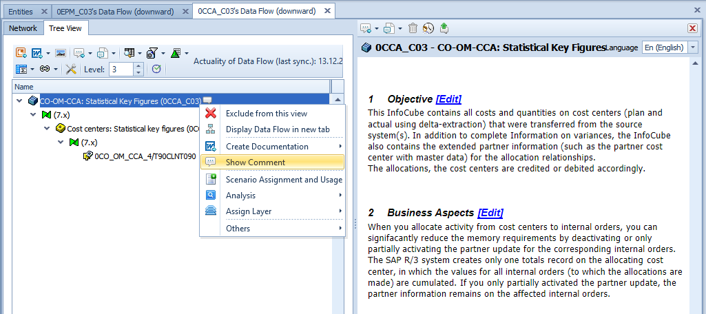 Comment entry in the context menu of an InfoCube in the data flow