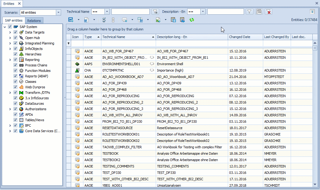 Gif of multiline filter being filled and filtering for the technical names