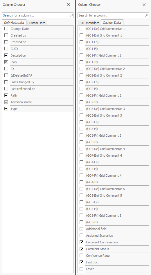 BO Column Chooser with tabs SAP Metadata and Custom Data