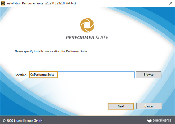 Performer Suite Installation Path selection with the path of the current version selected