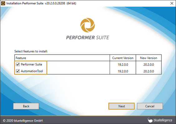 Feature selection with Performer Suite and Automation Tool selected for update