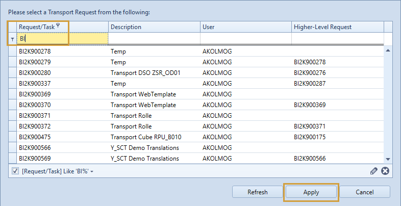 Transport selection window with filter row to browse all transport requests