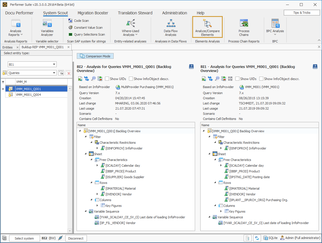 Two Query buildups side by side for easy comparison in the system Scout