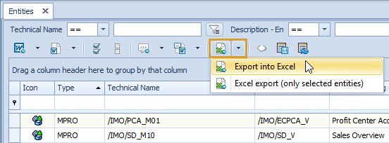 Grid export to Excel in the toolbar of the entity grid