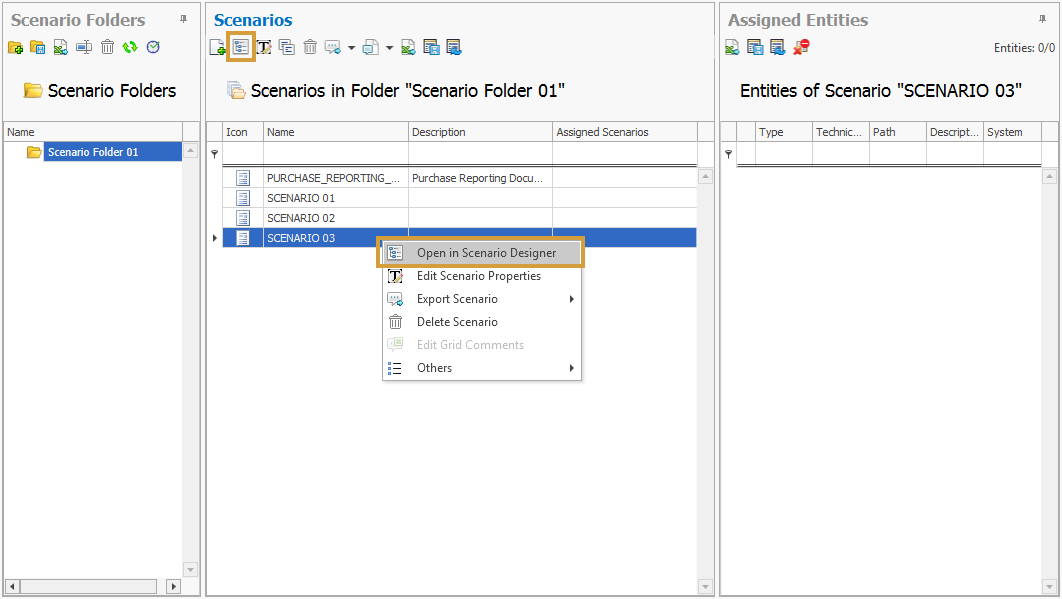 Open Scenario designer option in the context menu of a scenario and in the toolbar