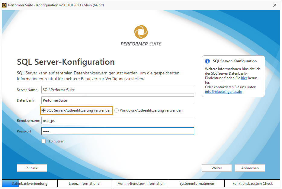 SQL Server Configuration with SQL Server Authentication marked