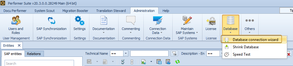 Database connection wizard  in the Database dropdown of the Administration ribbon