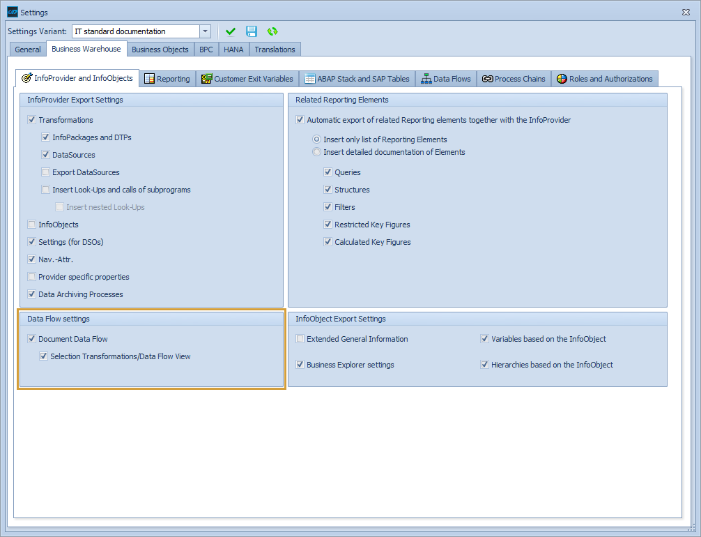 Data Flow settings in the InfoProvider and InfoObjects tab of the BW settings