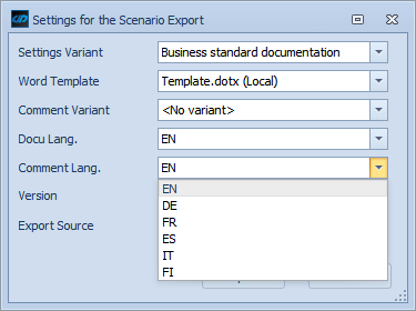 Comment language selection in the export settings of a scenario