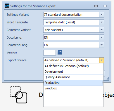 Export Source dropdown for choosing the system level