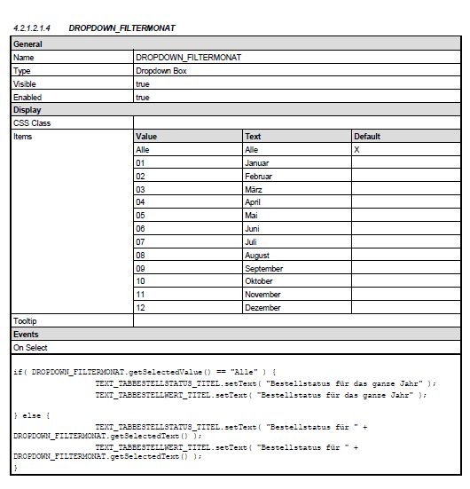 Coding in the Event section of a component in the documentation of a Design Studio Report