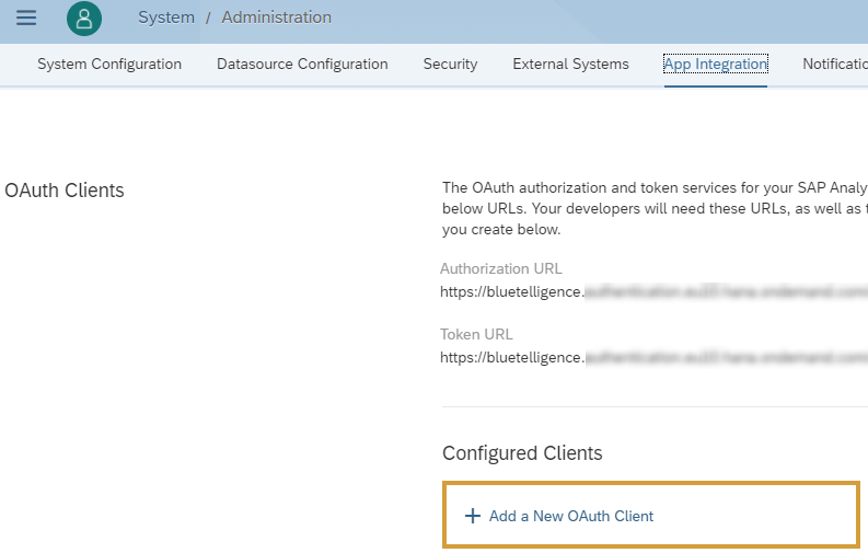 New OAuth Client in the App Integration tab of the System Administration of the SAC