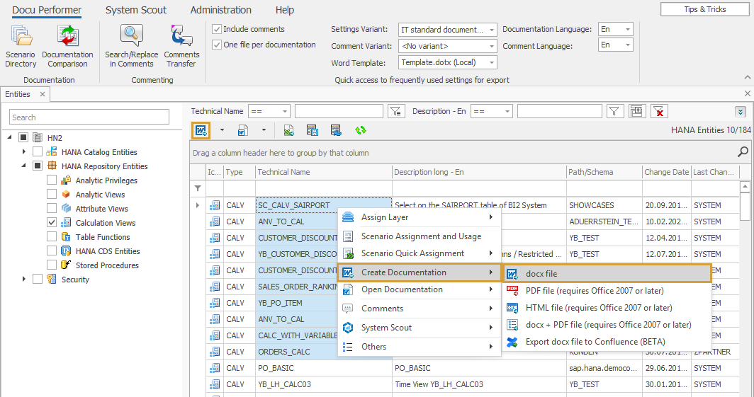 Documentation submenu in the context menu of a Calculation View