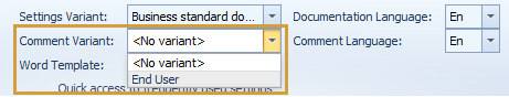 Comment variant selection in the Quick settings of the Docu Performer Ribbon