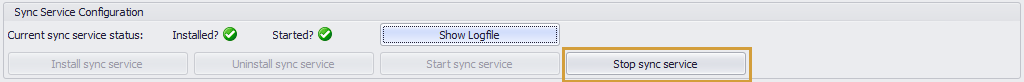 Stop Sync service button in the Sync Service Configuration area