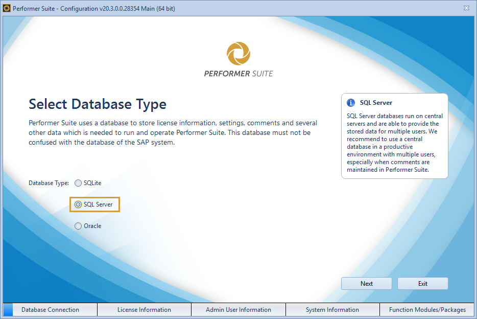 SQL Server selected in Performer Suite configuration