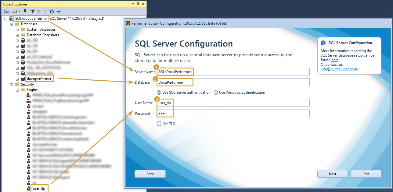 Server Name, database and User filled out in the SQL Server Configuration in the Performer Suite