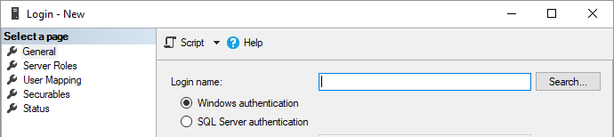 Windows authentication selected