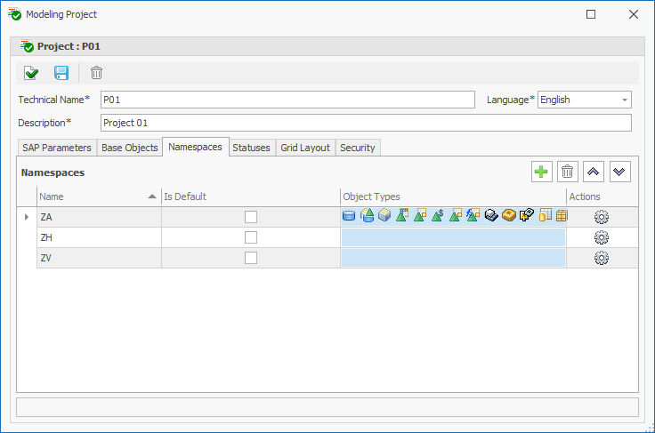 Object type icons displayed in the object types column of a namespace