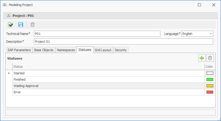 Predefined Statuses Started, Finished, Waiting Approval and Error in the Statuses tab