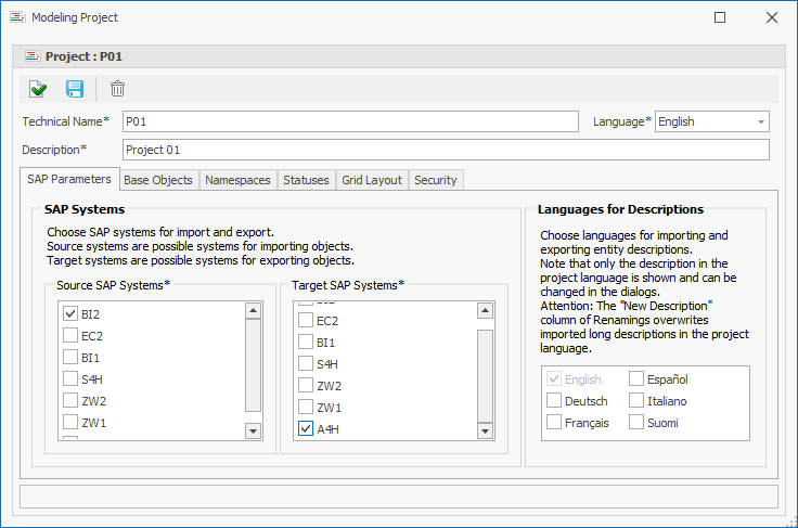 Source and Target system selected in the SAP Parameters tab of the Modeling Project Creation Window