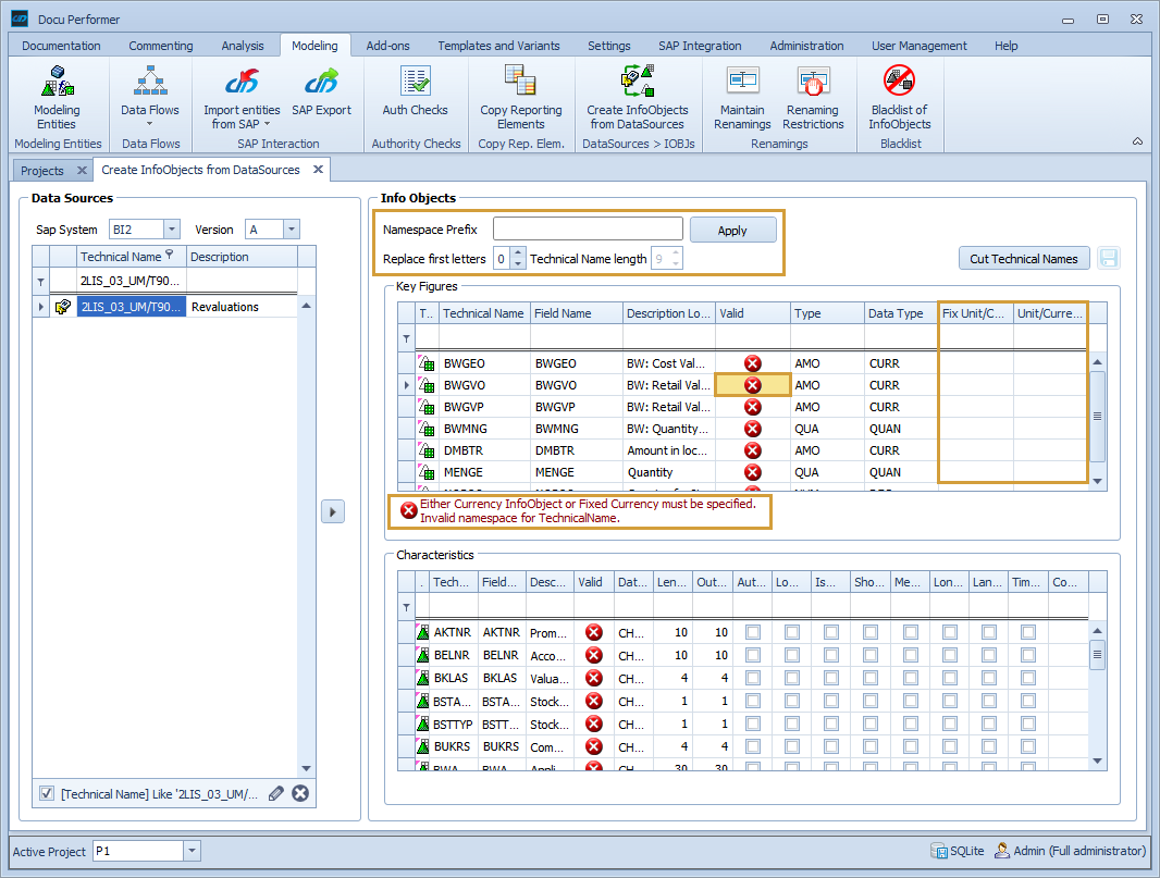 Namespace settings at the top and error message on the right side