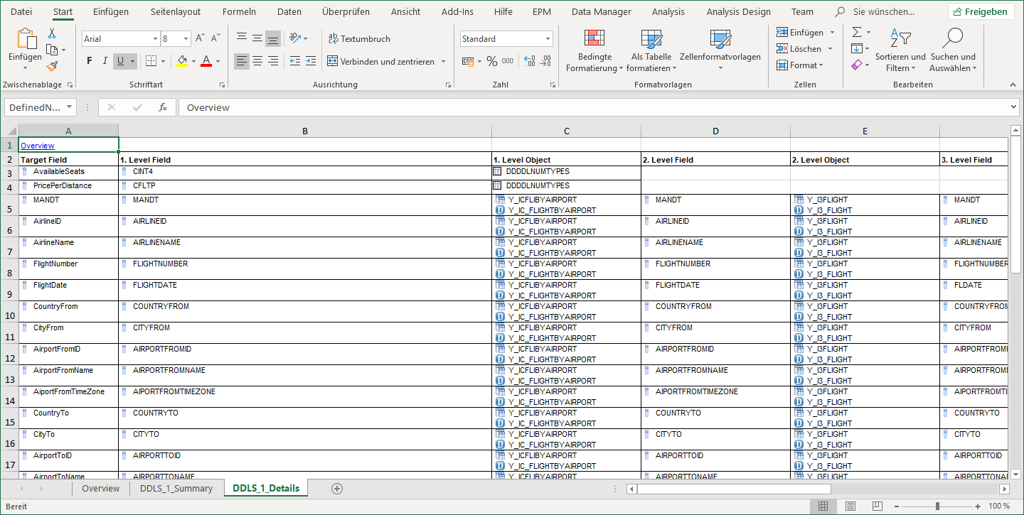 Detail Sheet of the data Lineage Excel of a Data Definition