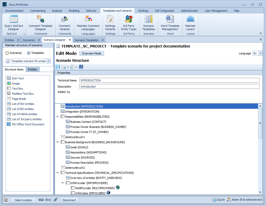 Scenario Template Structure in the Scenario Designer