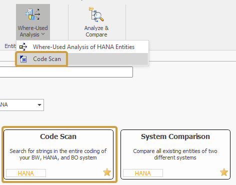 Code scan in the Where-used submenu and in the search of the System Scout