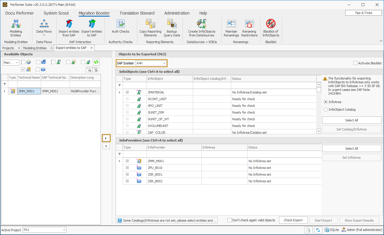 Export entities to SAP tab with object selection for the export and target system selection