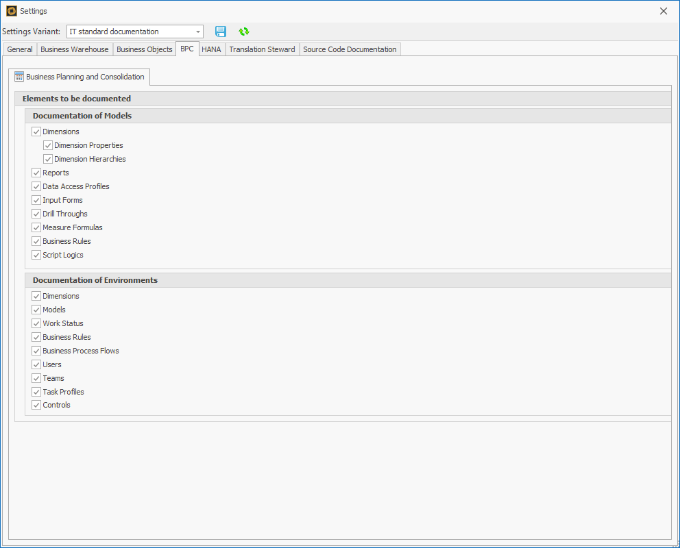 BPC export settings divided into Settings for Models and Environments