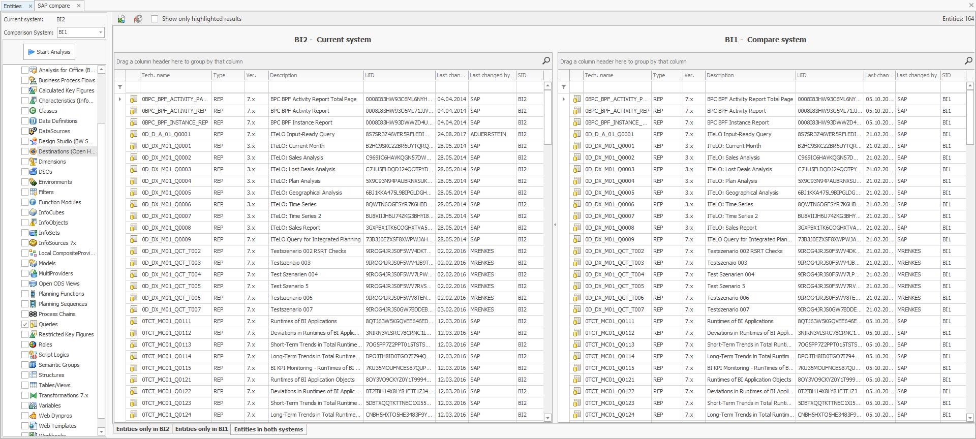 function showing the Queries, that exist in both compared systems