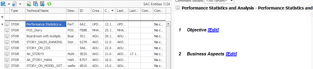 Comment of a story on the right side of the entity grid
