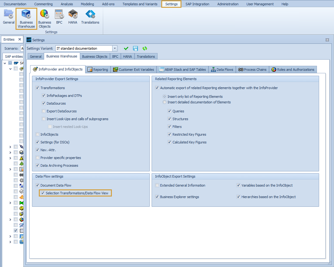 Selection of Data Flow View option in the Business Warehouse Settings of the Performer Suite
