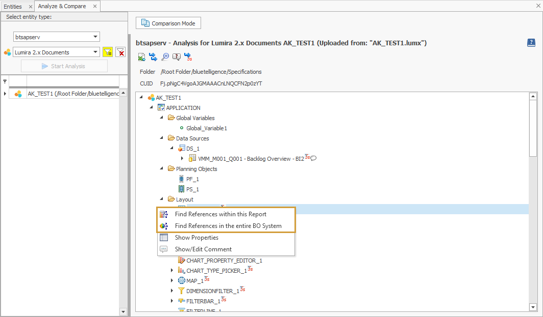 Find References entries in the context menu of an element in the Lumira buildup