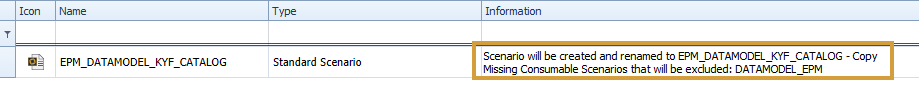 Scenario Restoration grid with Information, that the scenario will be renamed