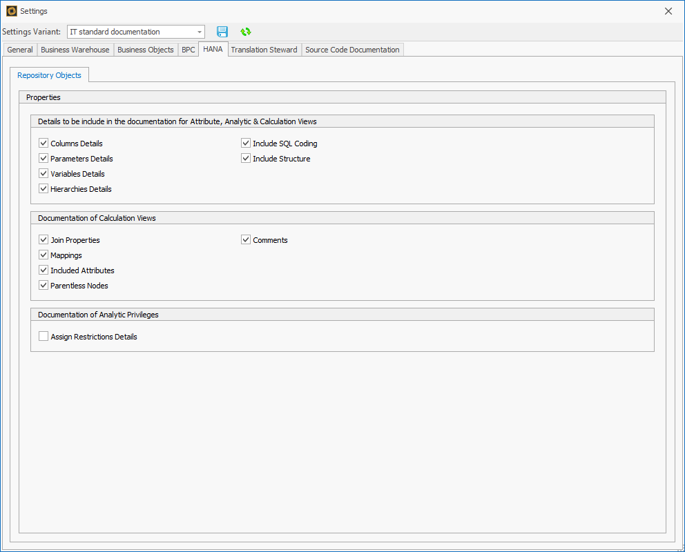 Export settings for HANA objects including settings for Views and Analytic Privileges