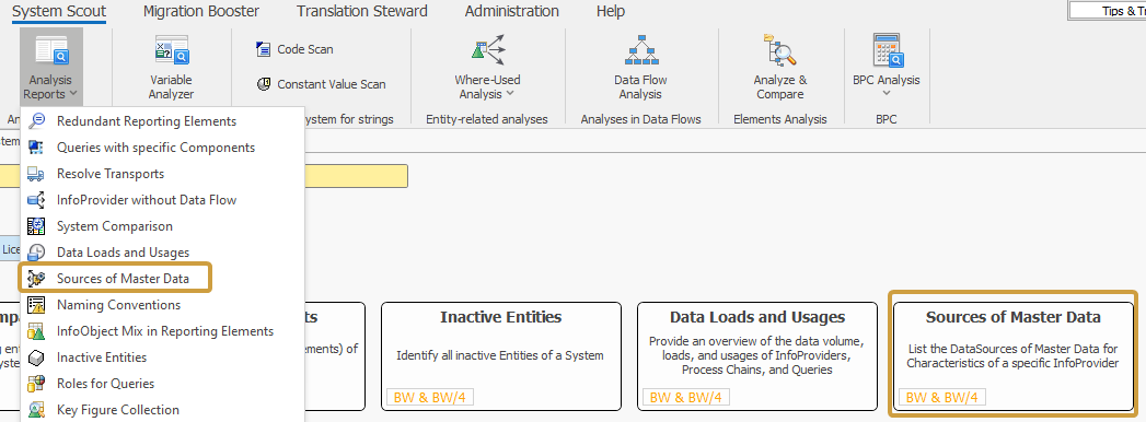 Sources of Master data in the analysis Reports dropdown of the System Scout ribbon