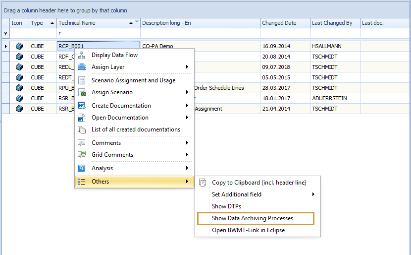 Show Data Archiving Processes in the Others section of the context menu