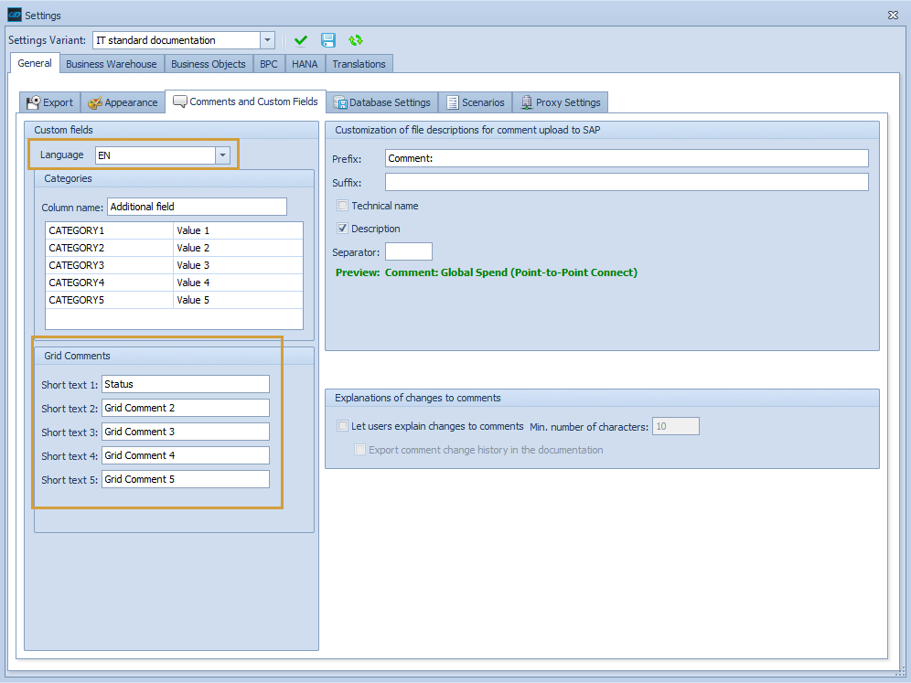 Grid comment settings in the comments and custom fields tab of the General settings