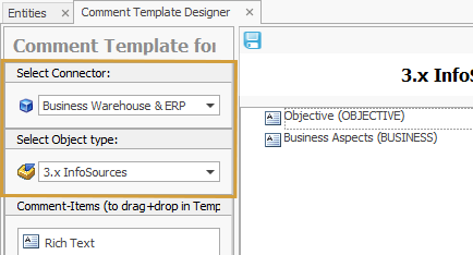 Connector and Object type selection on the left side of the Comment template designer