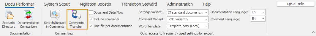 Comment Transfer button in the Docu Performer ribbon