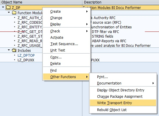 Adding the function group to a transport via the context menu