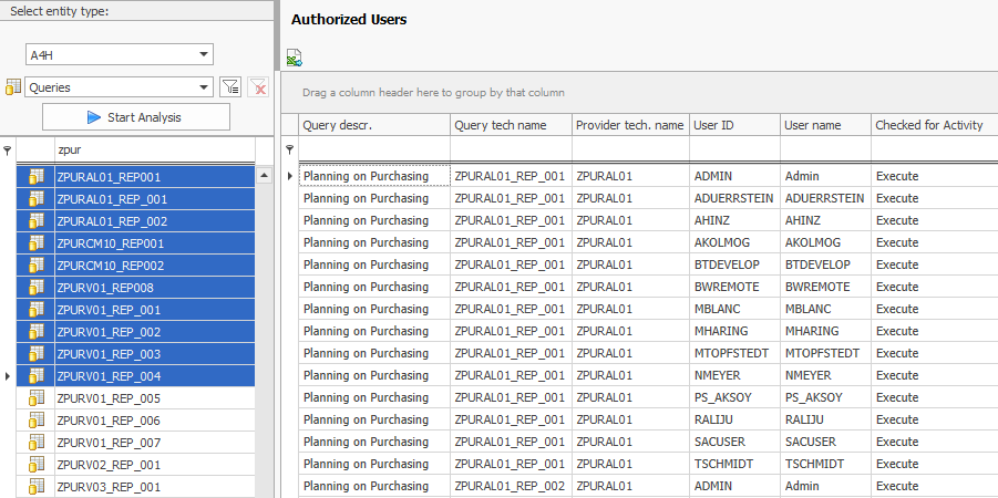 Multiple Queries selected on the left side and results for each Query on the right side