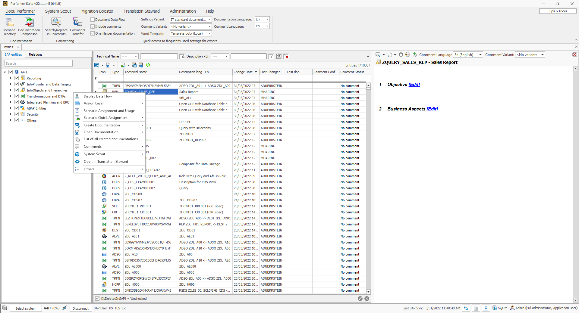 Entity grid with context menu and comment area