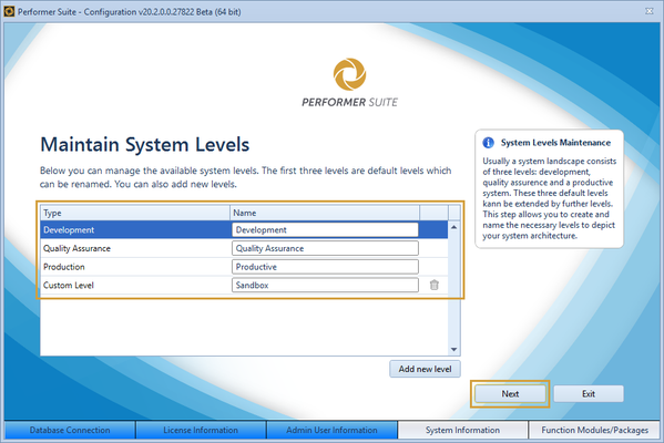 System Level window with the 3 predefined levels and a custom level