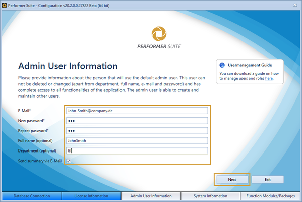 Admin user information window