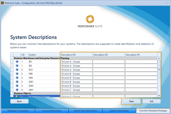 System descriptions in English, German and French